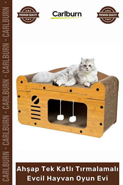 Carlburn #OyunEvi Modern Kedi Köpek Yuvası Peluşlu Ahşap Tek Katlı Tırmalamal...