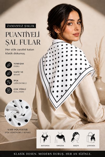 Mavi Masal Eșarfă șal cu aspect de mătase, alb-negru, cu buline, 70 cm – Accesoriu elegant pentru gât și umeri pentru femei