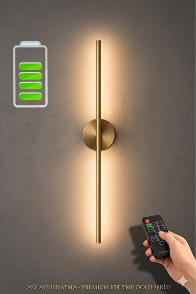 asva aydınlatma Eskitme Gold Şarjlı LED Aplik 50 cm Kumandalı Duvar Apliği Ay...