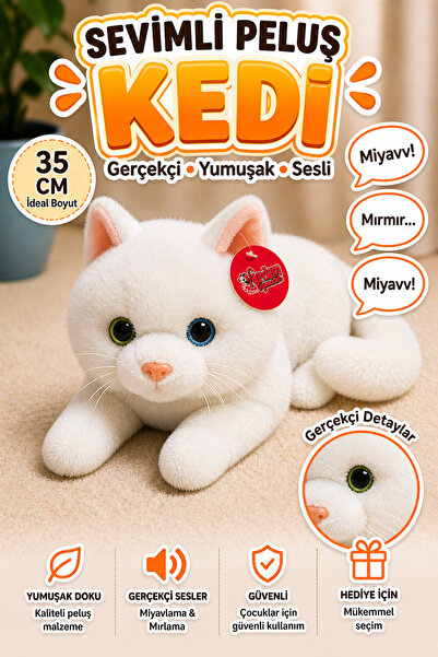 cayenna Pilli Sesli Peluş Kedi Oyuncak 35 cm – Gerçekçi Miyavlayan Yumuşak Do...
