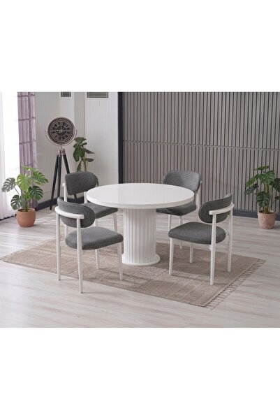 JoyMassa LİNA BOHEM 90x90 BEYAZ YUVARLAK MASA & 4 POLO SANDALYE SETİ