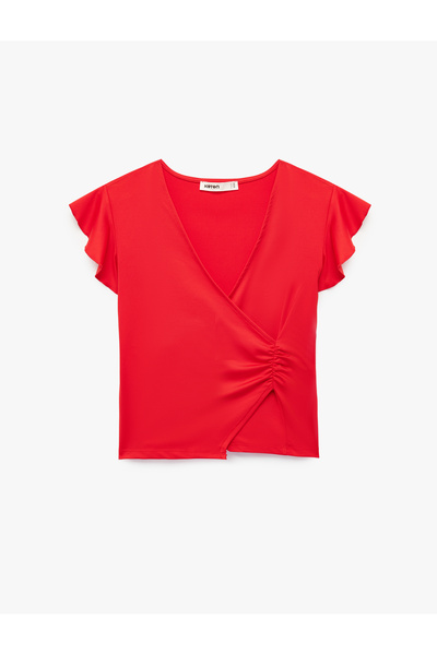 Koton Tricou cu croială slim, cu mâneci fluture cu volane, decolteu în V și n...