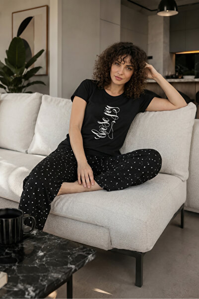 Bravie Round Neck Long Comfortable Cotton Pajama Set 41538 Black