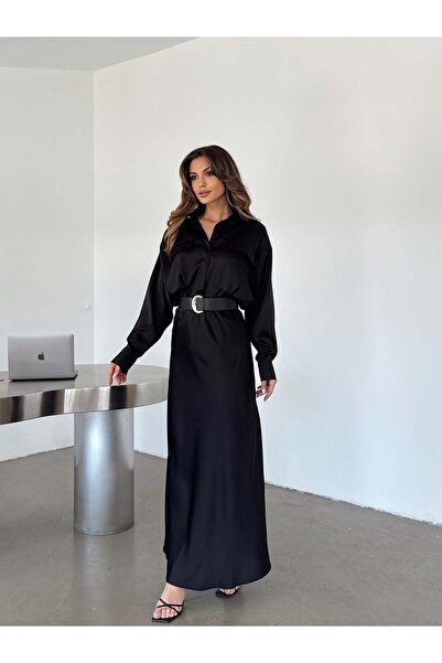 myd Long Crepe Satin Skirt - Black