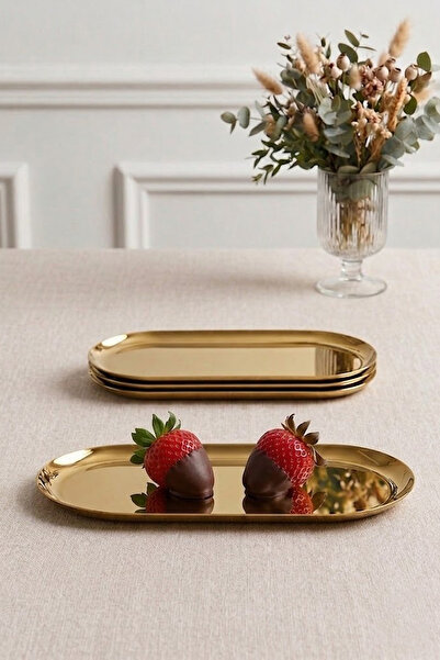 Kitchen Life Set of 4 Small Oval Gold Presentation Plates 23 cm