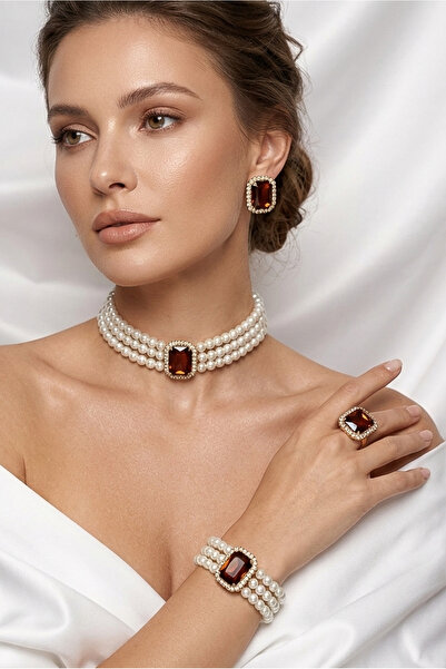 Happyline İncili baget bordo taşlı gold kaplama cam inci choker kolye tasarım...