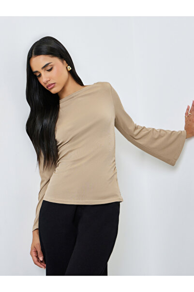 Styli Pack of 2 - Boat Neck Ruched Long Sleeve T-Shirt