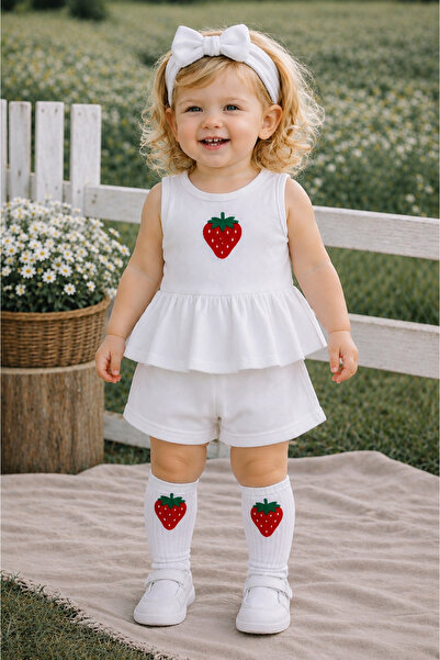 ues Baby Girl White Ribbed Shorts Set with Strawberry Detail and Socks Set