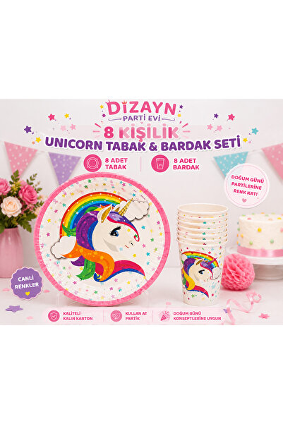 Dizayn Parti Evi Unicorn Temalı 8 Kişilik Parti Seti Tabak ve Bardak Seti Ren...