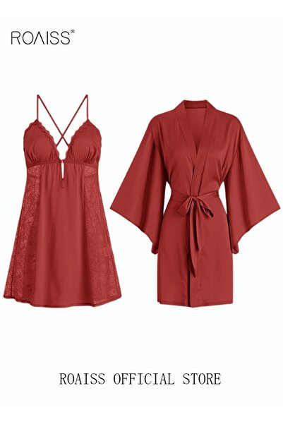 ROAISS 2 Piece Nightgown Set Women's Sweet Halter Nightdress Lace Lingerie Sl...