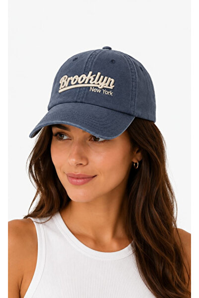 Brooklyn Nakışlı Yıkamalı Unisex Şapka Mavi