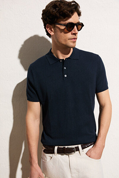 GRIMELANGE Vesto Men's Knitwear Navy Blue Polo Collar T-Shirt