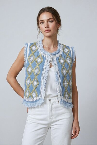Saade Mavi Kadın Bisiklet Yaka Zincir Nakışlı & Saçaklı Denim Crop Yelek