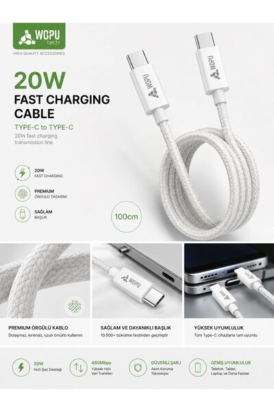 Powerfox with Wopu 20W Type-C to Type-C Süper Hızlı Şarj Kablosu Premium Örgü...