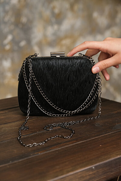 ROZA CANTA Black Wavy Women's Wedding Evening Dress Event Clutch Bag