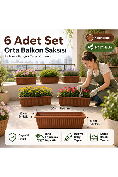 ZİVORA 6 Adet 50 cm Balkon Saksısı 9.5 L Kahverengi Orta Boy Uzun Dikdörtgen ...