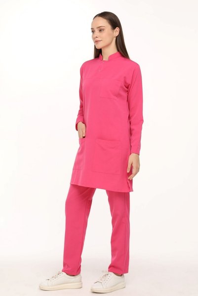 scrubso Nova Hakim Yaka Tesettür Pink Lycra-Free Thin Fabric Nurse Doctor Uniform Set