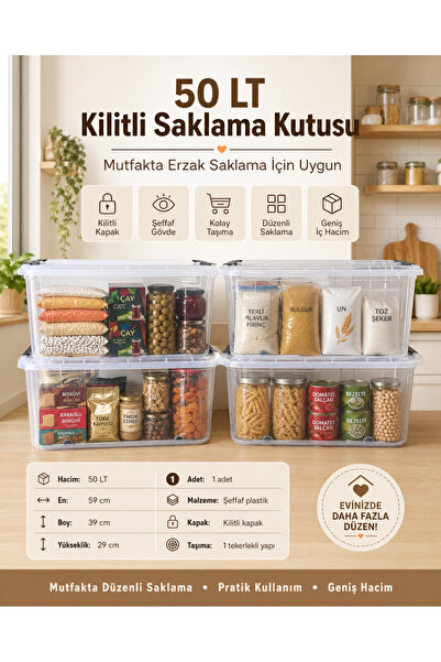 biedda 4 Adet 50 LT Tekerlekli Kilitli Ev Mutfak ve Kamp Saklama Kutusu Şeffaf Plastik Organizer Düzenleyici Kutu