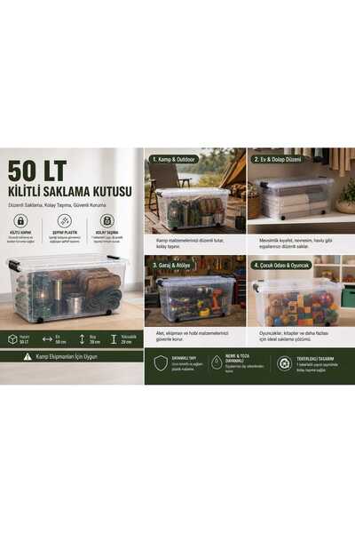 biedda 2 Adet 50 LT Tekerlekli Kilitli Ev Mutfak ve Kamp Saklama Kutusu Şeffaf Plastik Organizer Düzenleyici Kutu