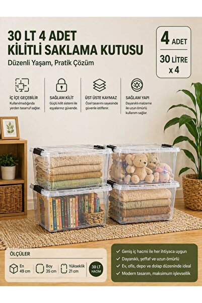 biedda 4 Adet 30 LT Kilitli Saklama Kutusu Şeffaf Plastik Kapaklı Organizer Düzenleyici Kutu