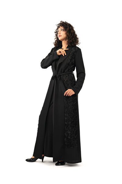 derin store Gül Kabartma Detaylı Ve Taş İşlemeli Kuşaklı Siyah Abaya