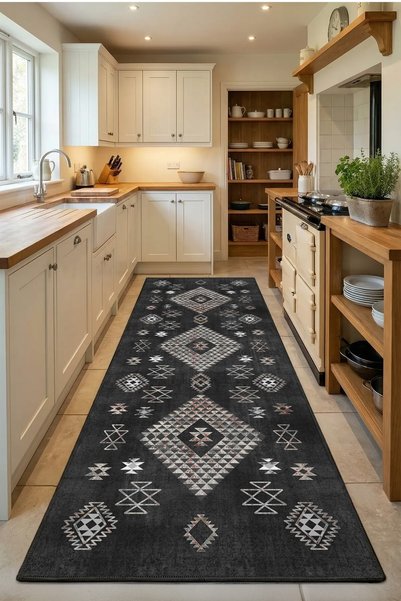 Monnhein Black Modern Kitchen Rug Washable Non-Slip Water Repellent