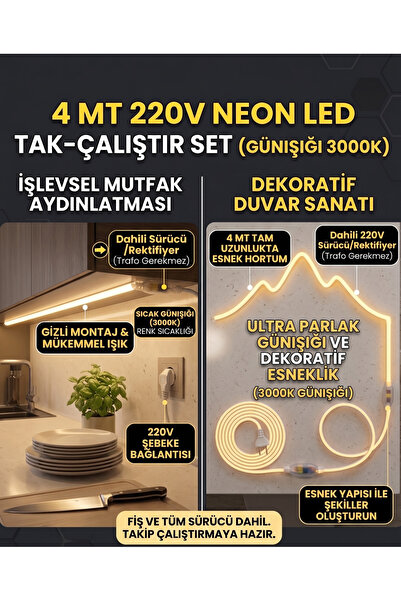 ECONA 4 METRE Neon Esnek Şerit Led 220v +3000K Doğal GÜNIŞIĞI Tak Çalıştır Te...