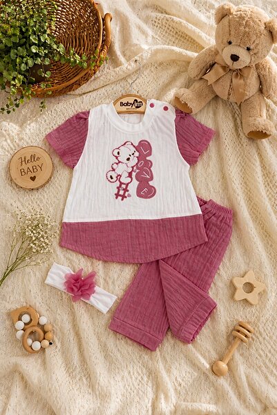 METEOR BABY Baby Girl 3-Piece Set Teddy Bear Embroidered Bandana Top and Bott...