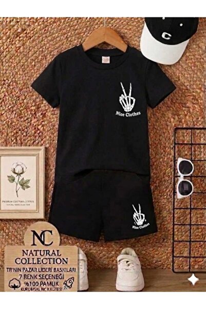 Nice Clothes تي شيرت صيفي للأطفال شورت يونيسكس (طباعة علامة النصر)
