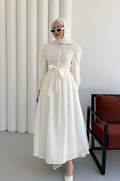 Modaensarbutik Bebe Yaka Organze Nakışlı Yarım Düğmeli Tesettür Elbise-EKRU