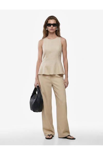 Koton Straight Fit Pocketed Straight Wide Leg Linen Trousers