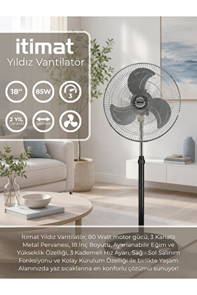 İtimat Yıldız, 80 Watt, 18'', Sanayi Tipi, 3 Çelik Kanatlı, Sağ - Sol Otomati...