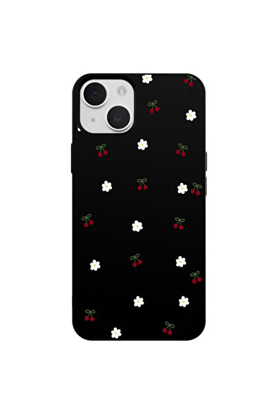 Casen iPhone 13 Siyah Lansman Renkli Silikon Kiraz ve Çiçek Desenli Kamera Ko...