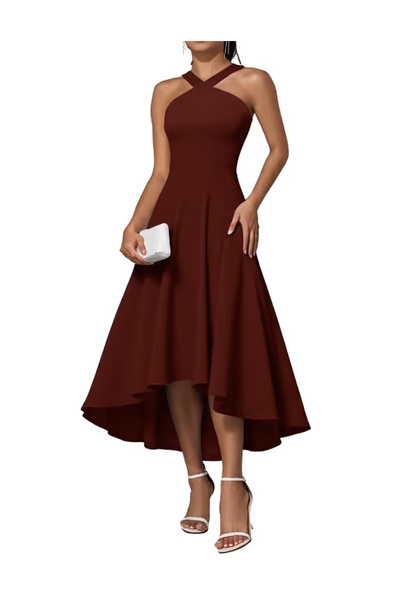 OEM Elegant burgundy summer dress, knee-length, V-neck, hidden back zipper, XL