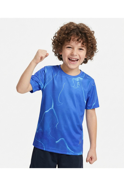 Pine Active Knit Half Sleeves T-Shirt with Abstract Print - Blue