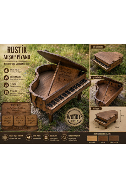 wood 14 dizayn Wood14 Dizayn Rustik Ahşap Mini Grand Piyano Müzik Kutusu – Ak...