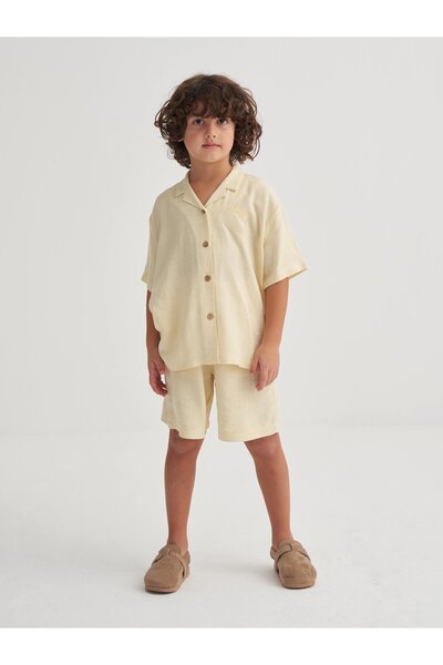 Cigit Keten Behappy Embroidered Shorts Set 2-7 Years Yellow