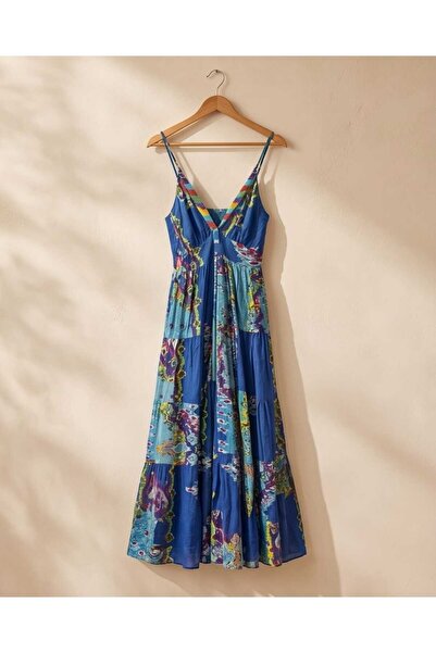 Barok V Yaka İp Askılı Patchwork Desenli Volanlı Yazlık Elbise Summer Vibe