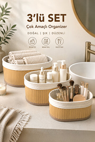 Meleni Home 3'lü Bambu Organizer Seti - Makyaj Takı Mutfak Banyo Düzenleyici ...