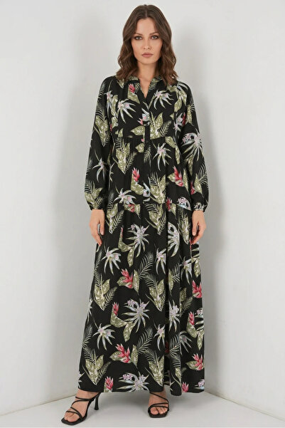 buğrahayalin Women's Shirt Collar, Gathered Waist, Floral Patterned Viscose B...