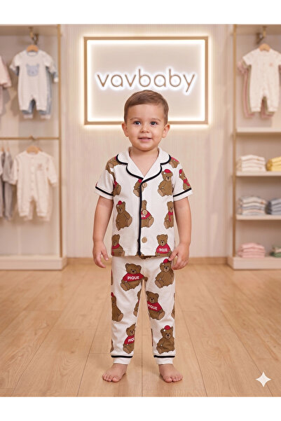 VaVbaby طقم بيجامة قطني بياقة مزدوجة الصدر وأزرار أمامية ونقشة دب تيدي موسمي