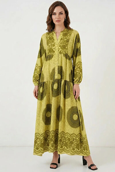 Efnaz style Women's V-Neck Gathered Waist Floral Patterned Viscose Green Hija...