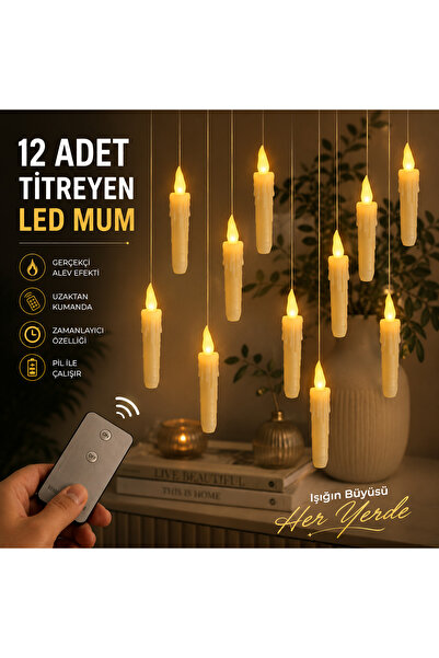 VELKAR 12 Adet Alevsiz LED Mum Uzaktan Kumandalı Titreyen Dekoratif Konik Mum