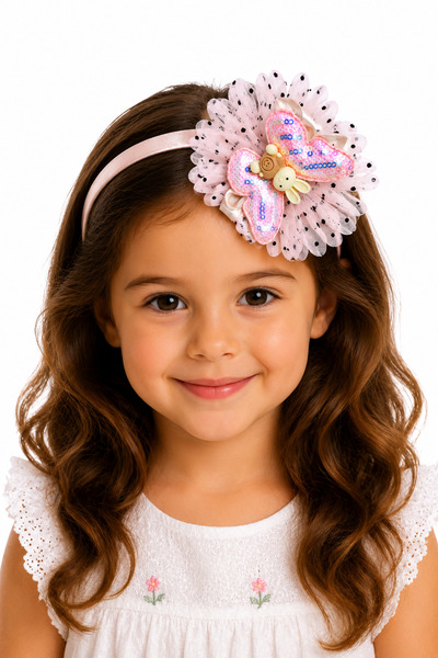 MakeWell Sequin Butterfly Detailed Girls' Crown – Tulle Princess Hair Crown w...