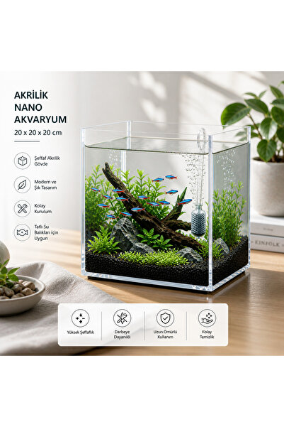 HOMVELLA Kristal küp nano akvaryum & Beta fanusu/ 20×20×20 7 lt küp Akvaryum