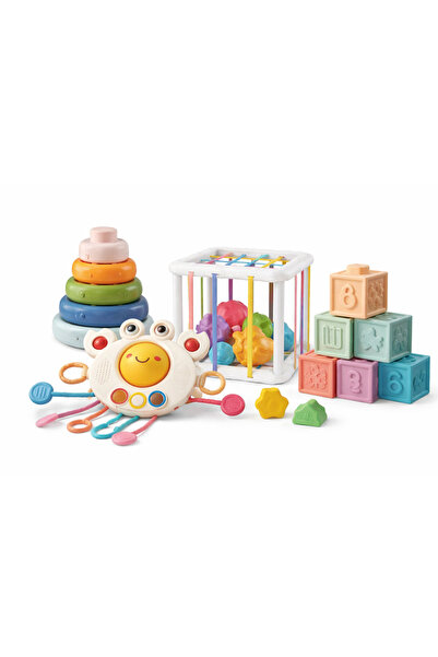 PinkBlue Set Montessori 4 in 1 pentru bebelusi - stivuire, sortare, joaca sen...