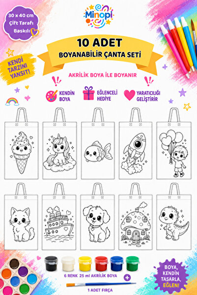 Minopi 10 Adet Boyanabilir Tela Çanta Seti 30x40 cm – 6 Renk Akrilik Boya ve ...