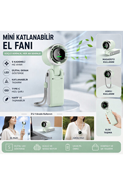 ozbience Mini Katlanabilir USB El Fanı, 5 Kademe Dijital Göstergeli, Taşınabilir