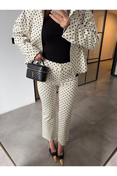 BB Bensu Buyruk Short Leg Straight Fit Polka Dot Pants Ecru
