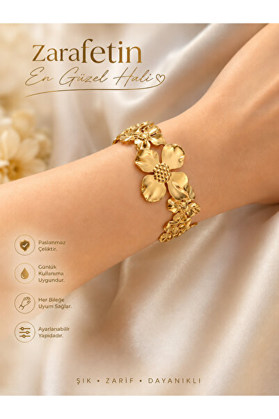 enyessaccessory Çelik Çıtır Çiçek Desen Kelepçe Bileklik Her Bileğe Uyumlu